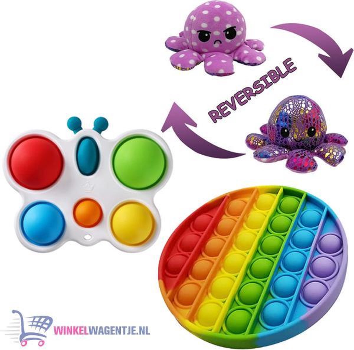 Pop It Fidget Regenboog + Simple Dimple Butterfly + Octopus Mood Knuffel (Shiny Purple) | pop it fidget toy goedkoop, fidget toy, fidget toys pakket, fidget toys pop it, fidget toys stressbal, speelgoed voor kinderen, TikTok Rainbow